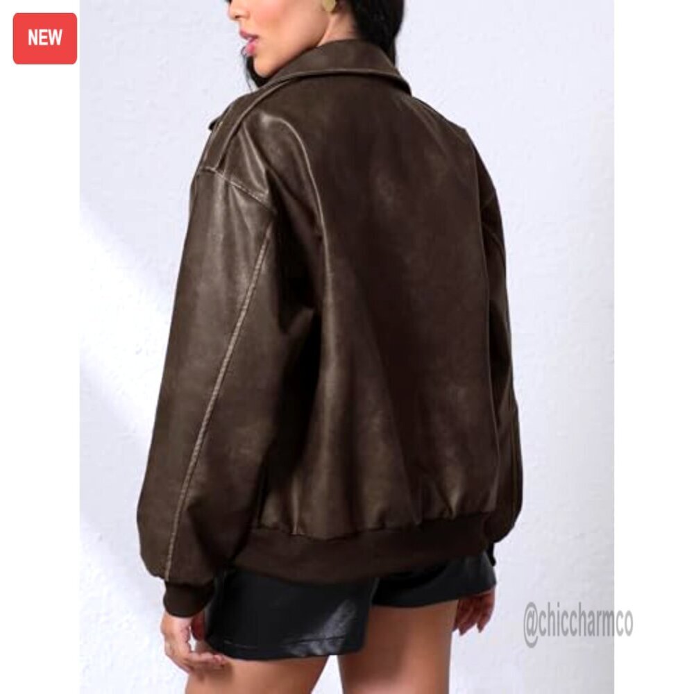 Oversized Faux Leather Bomber Jacket, Zip Up Motorcycle Style, Fall Outerwear - Picture 2 of 7